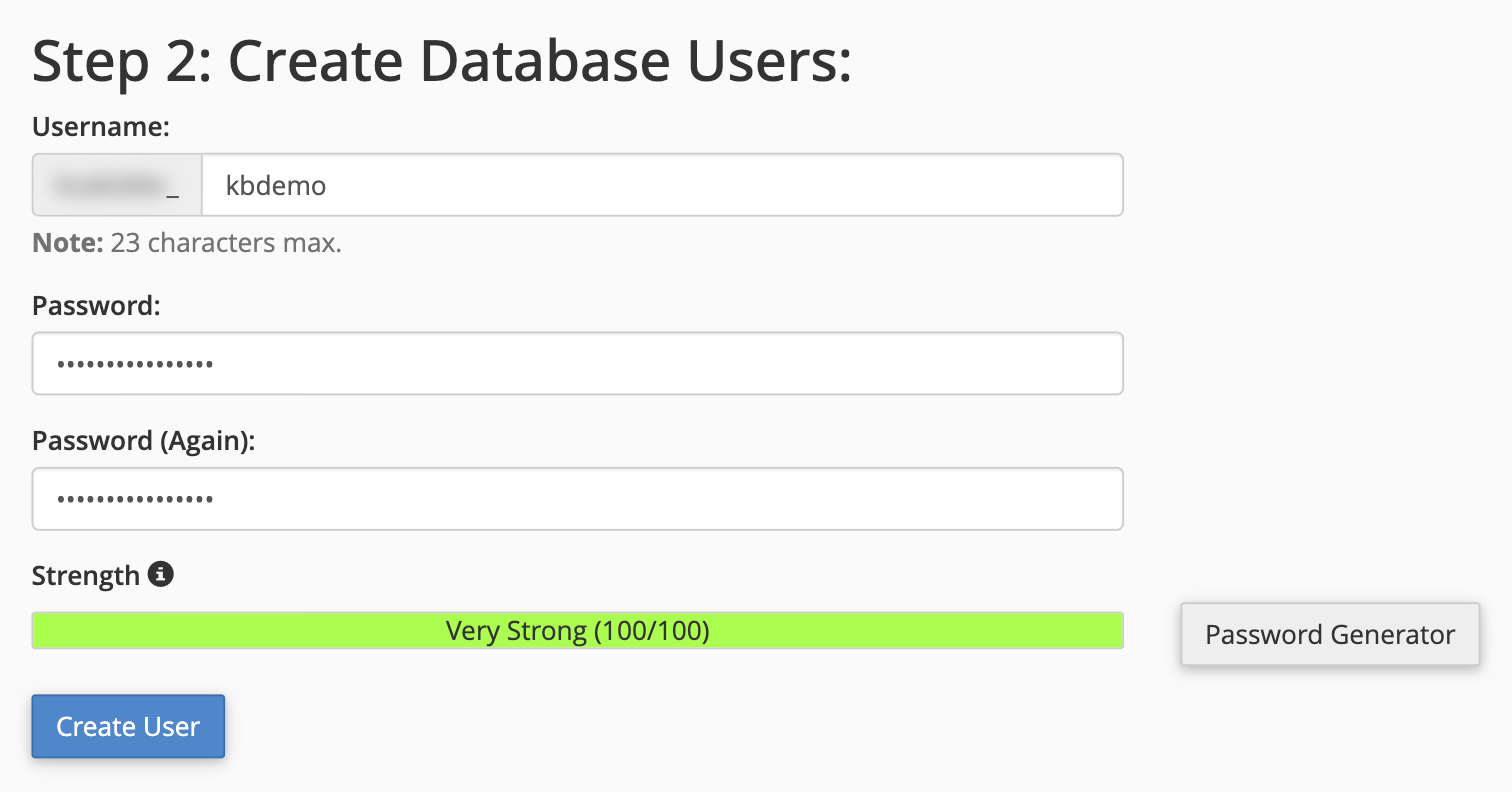 Creating a database user with a strong password in Step 2 of the Database Wizard