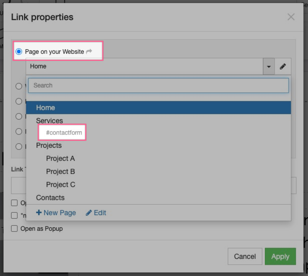 Selecting the anchor in the Link Properties window