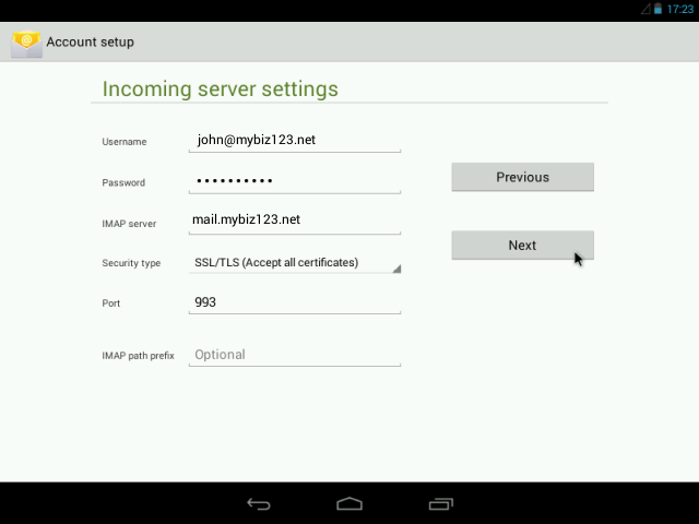 Incoming server settings