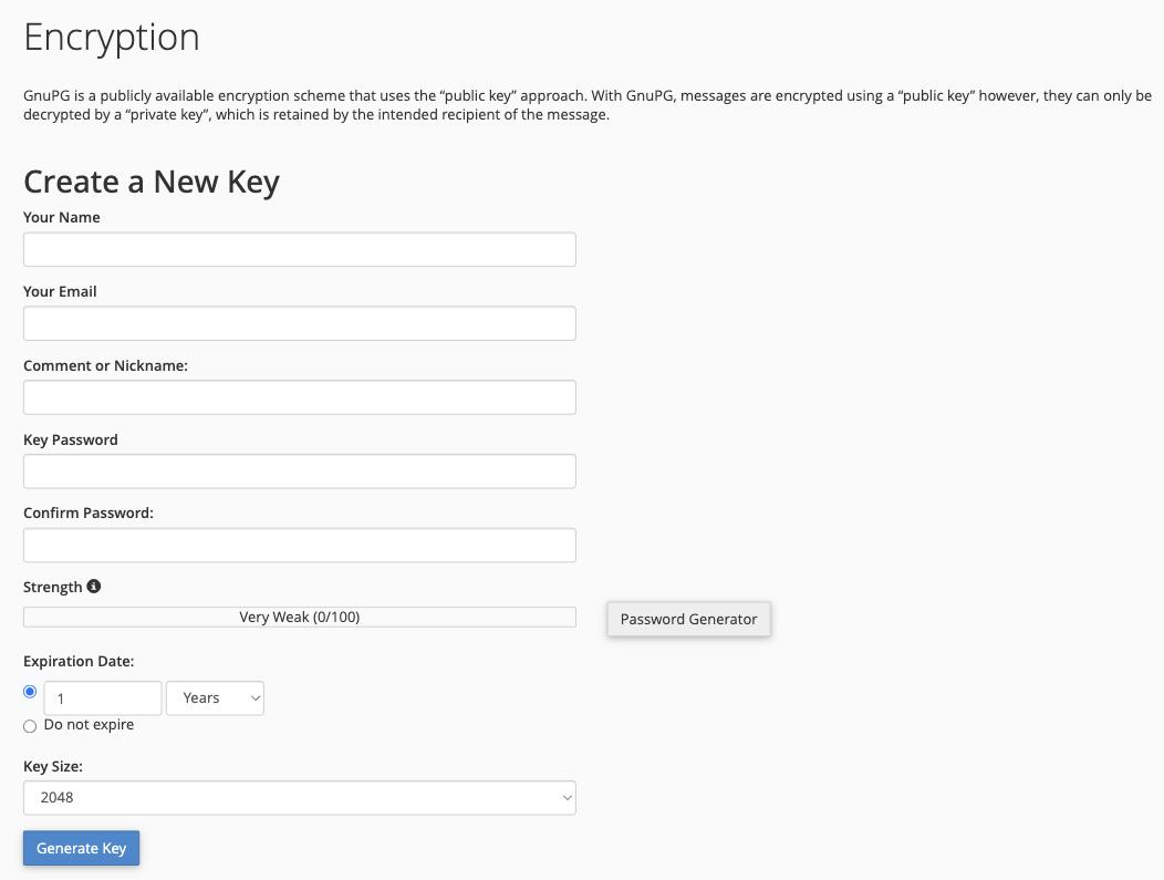 The Create a New Key form in the cPanel Encryption tool