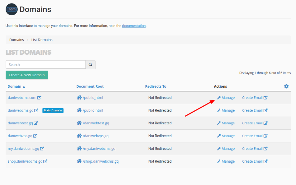 Manage button for a domain