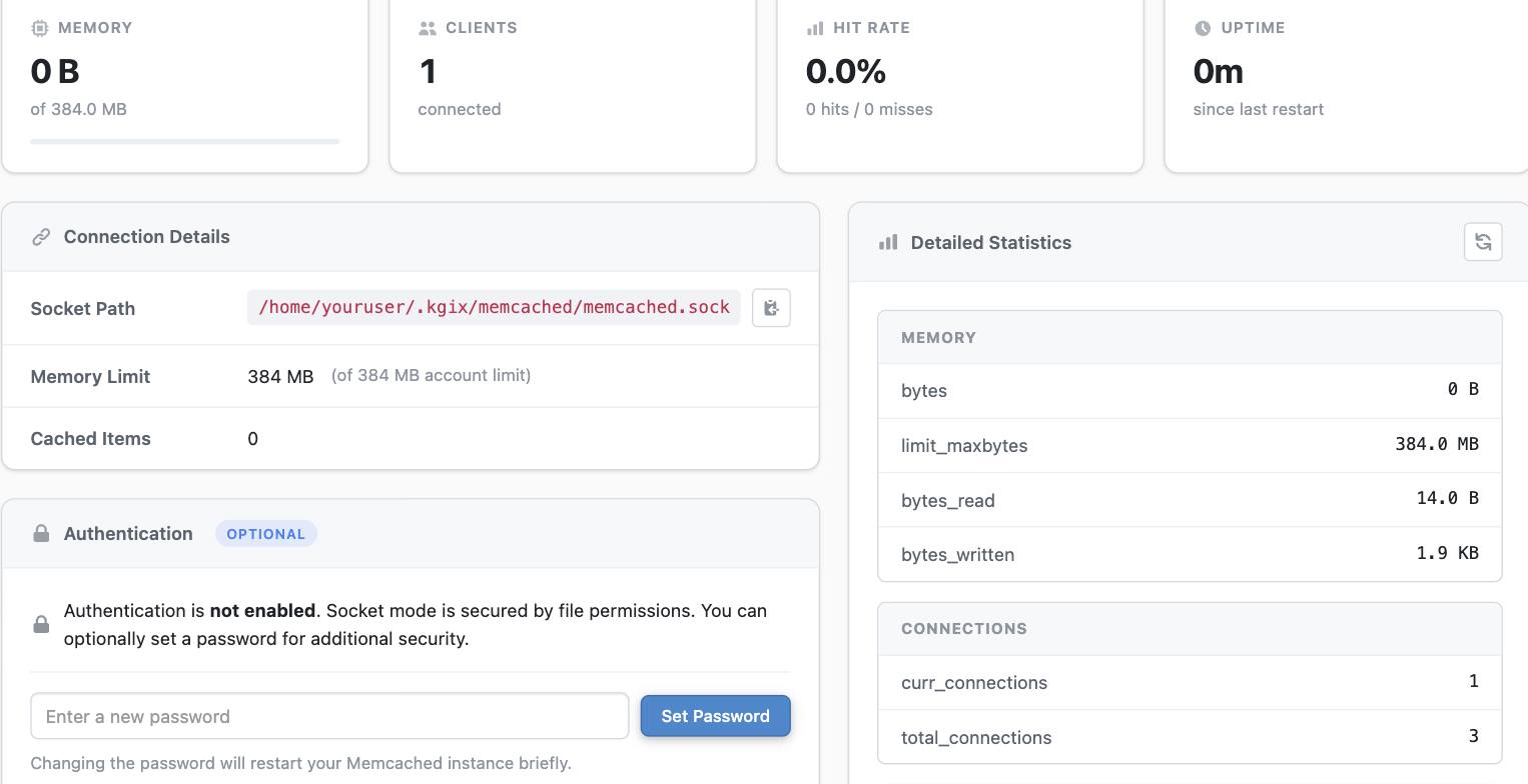 The Memcached dashboard once active