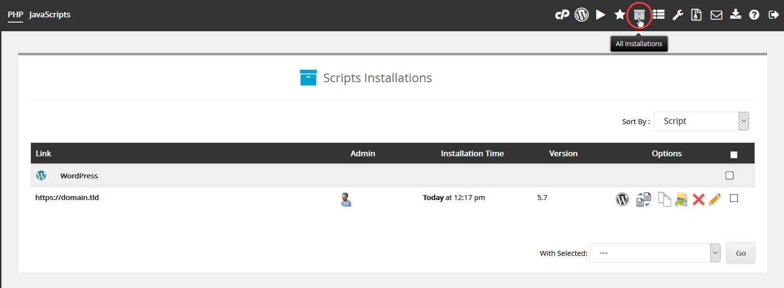 Softaculous All Installations screen