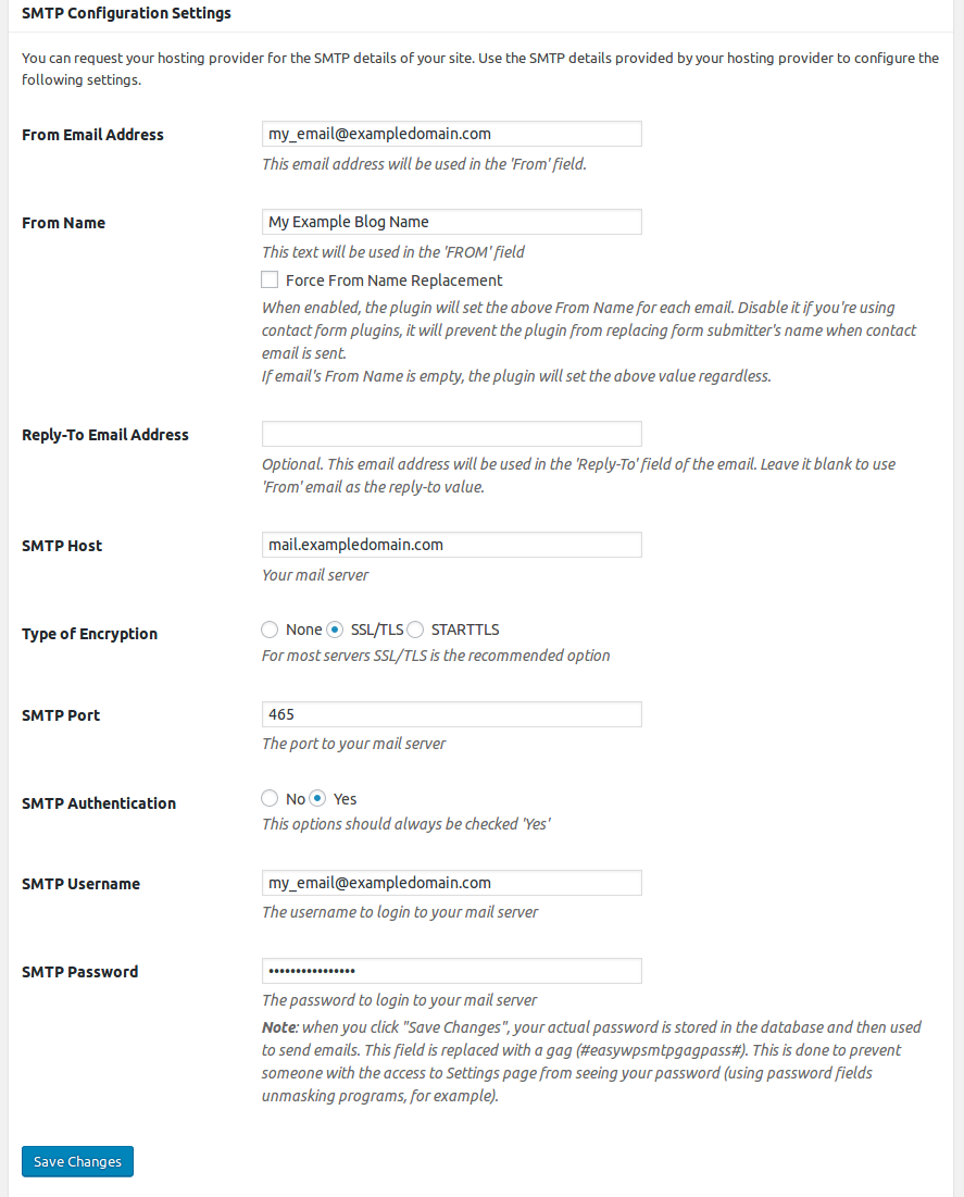 Settings filled in
