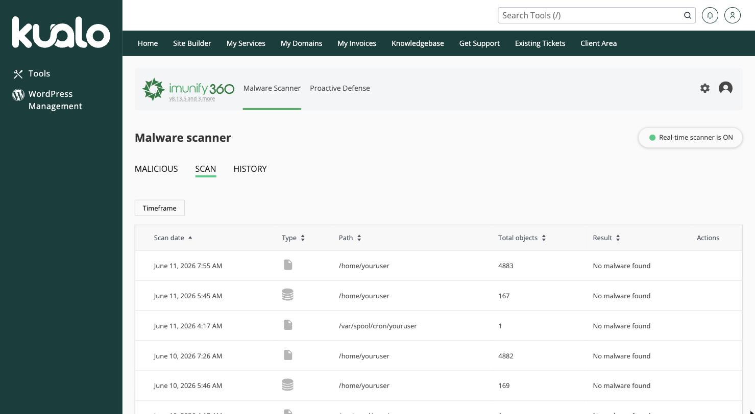 The Imunify360 scan history in cPanel