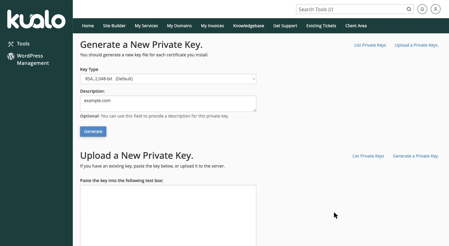 Generating a private key on the Keys tab in cPanel