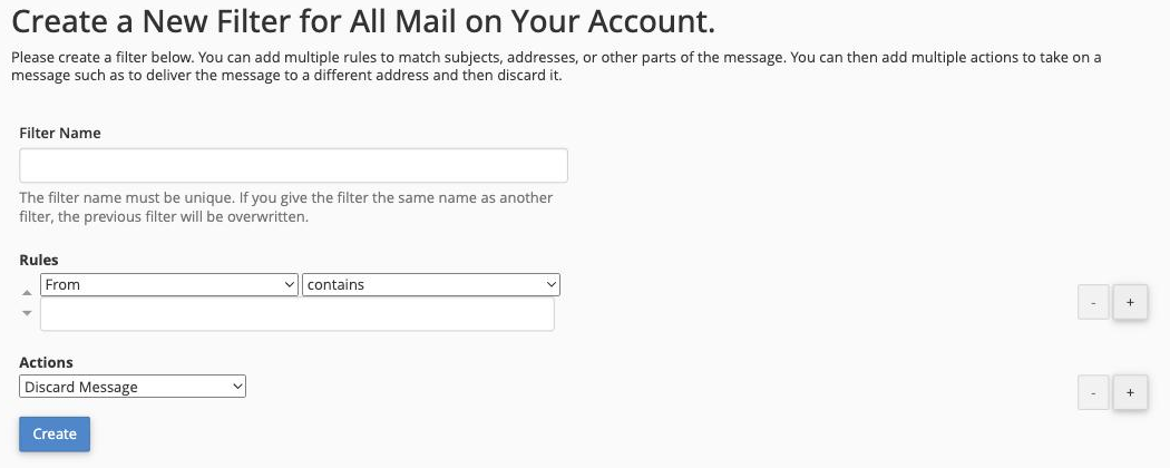 Creating a new email filter, with the rule and action fields