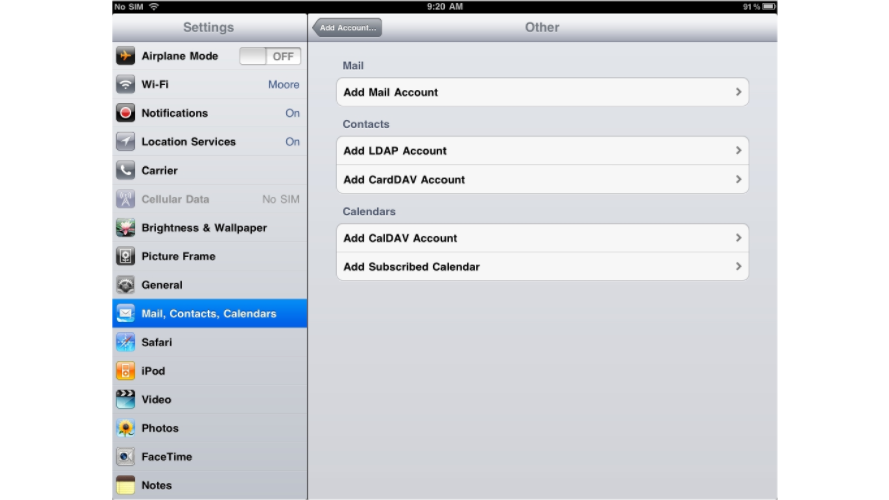 Add Mail Account option