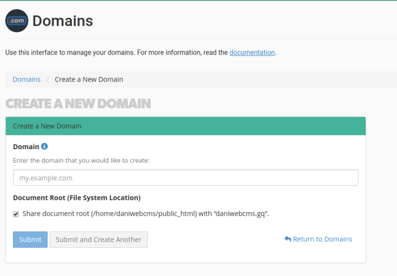 Create a new domain button