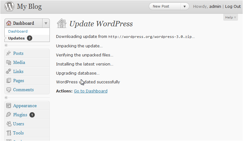WordPress update complete confirmation screen