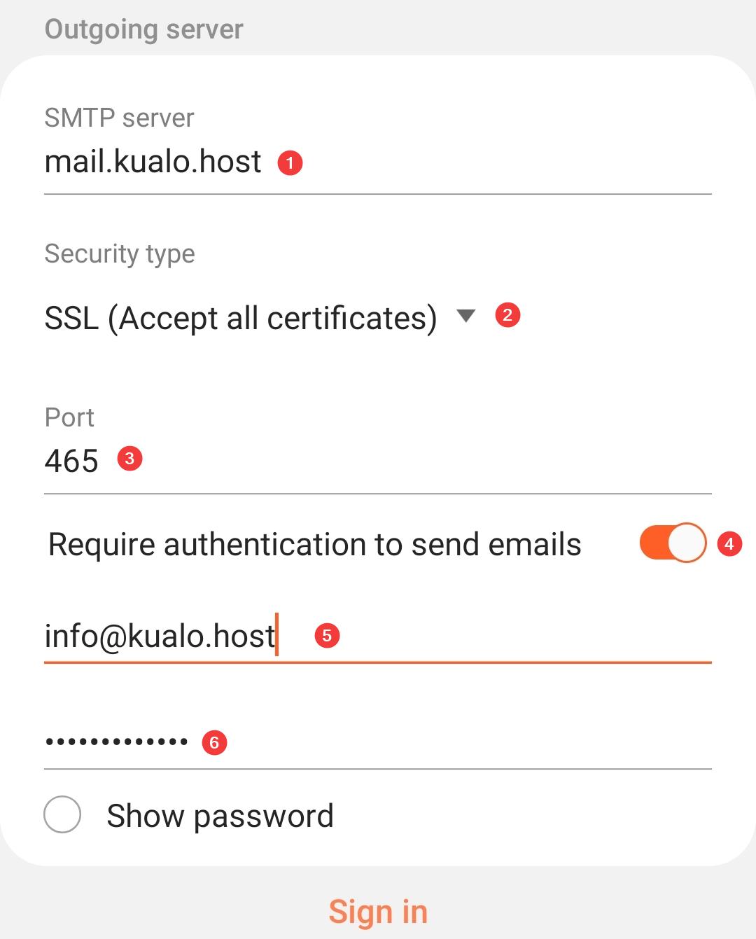 Outgoing server settings screen