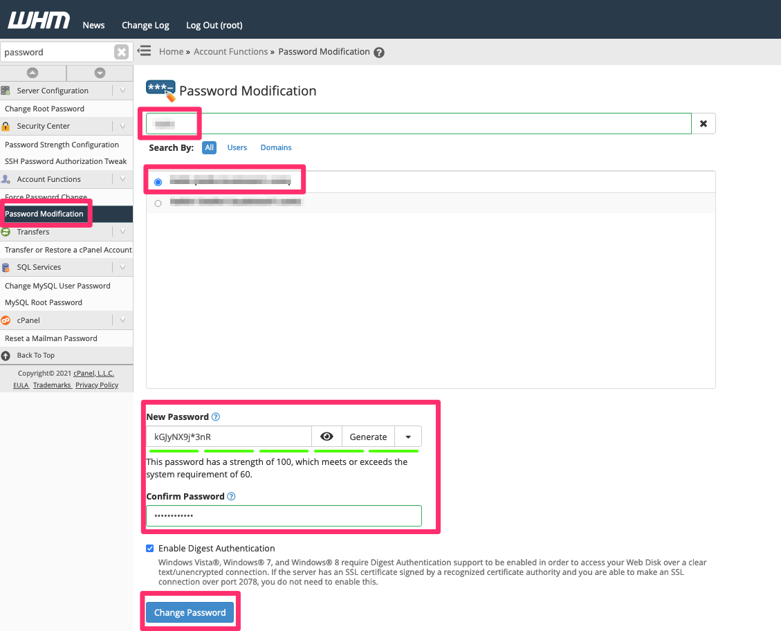 WHM Password Modification