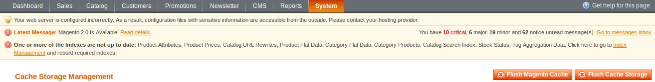 Magento Cache Management screen