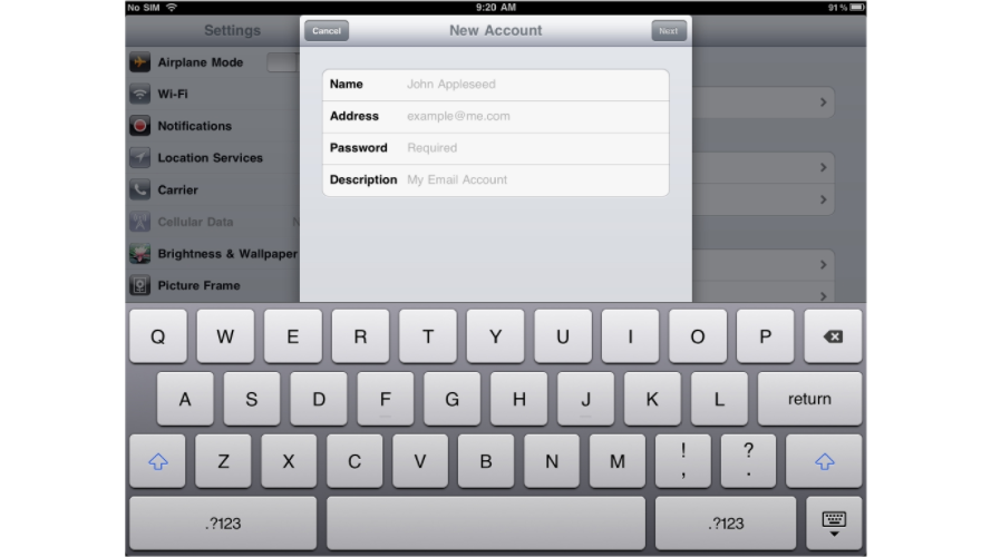 Account details screen