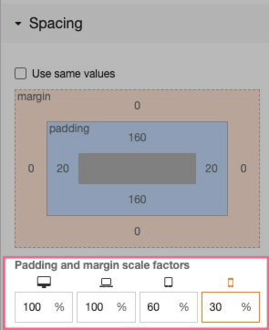 Spacing menu showing padding and margin scale controls