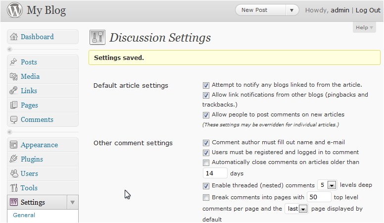 Settings saved confirmation