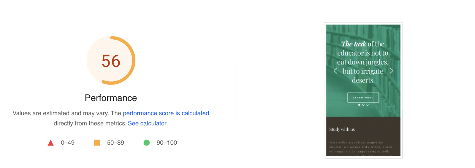Mobile score before optimization