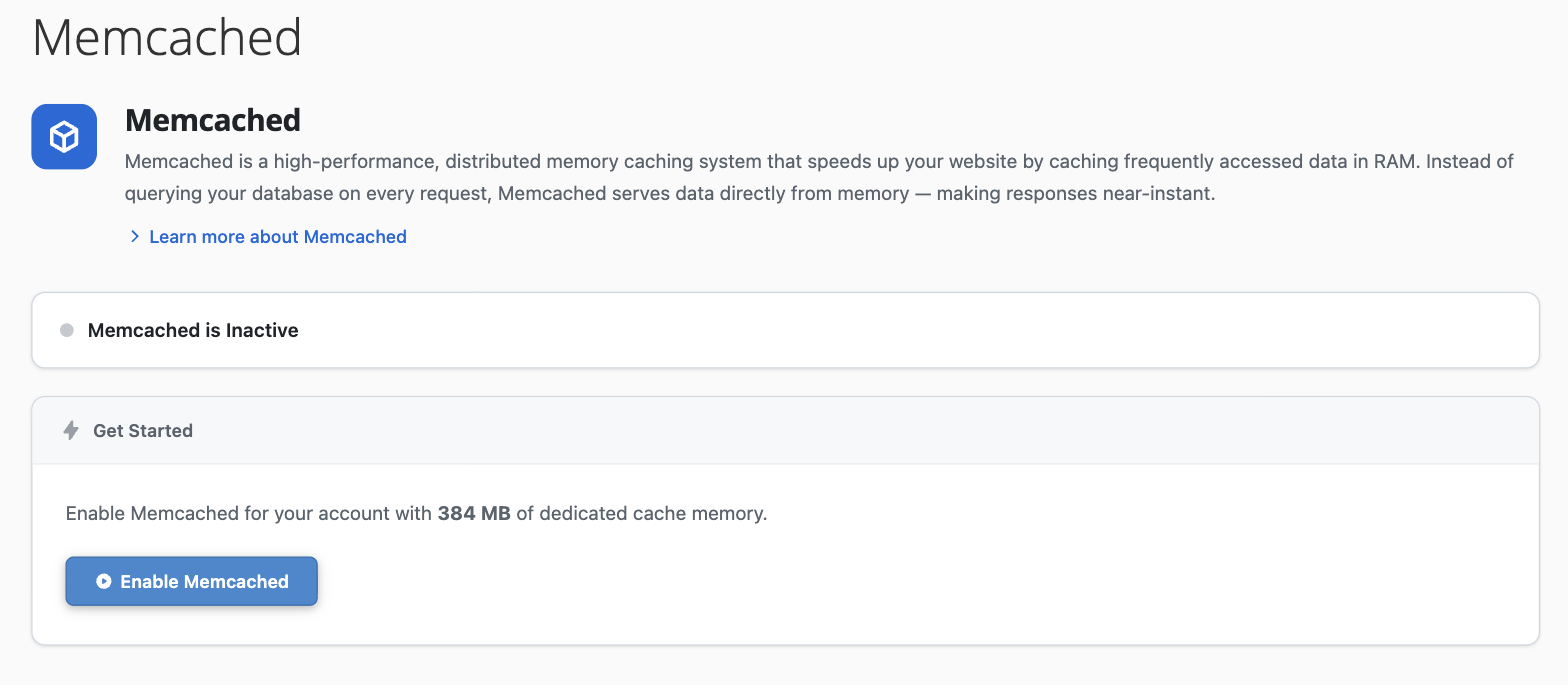 The Memcached plugin showing the Enable Memcached button