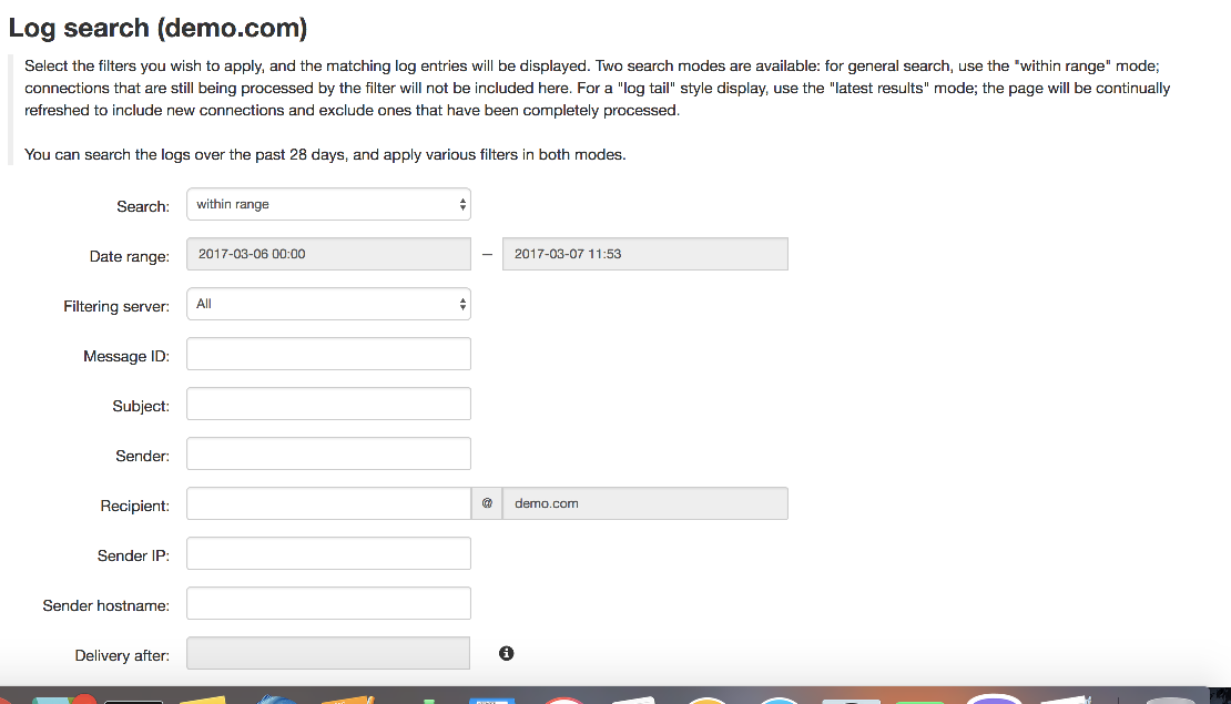 Log search screen