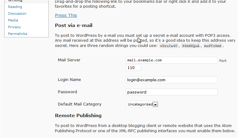 Email posting settings