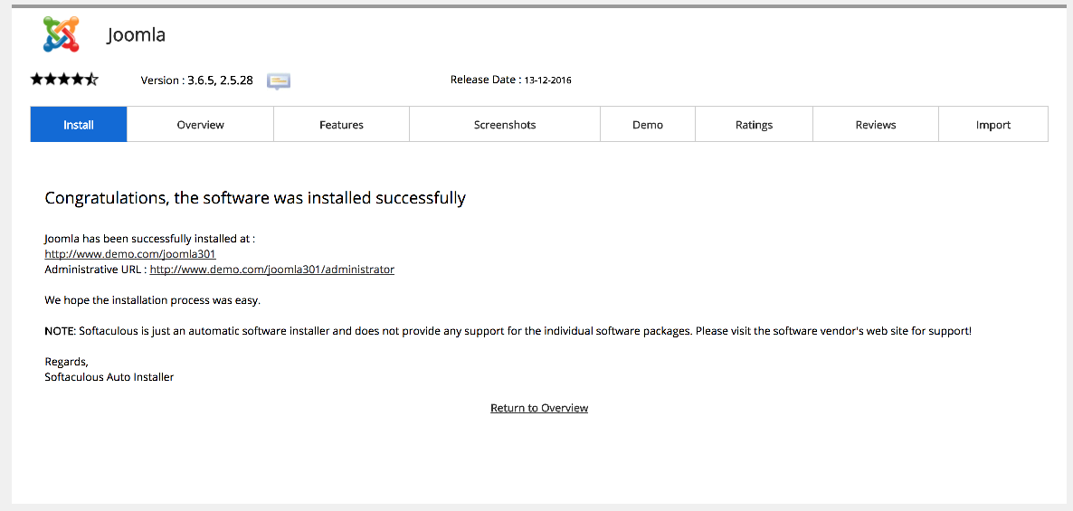 Softaculous installation complete screen
