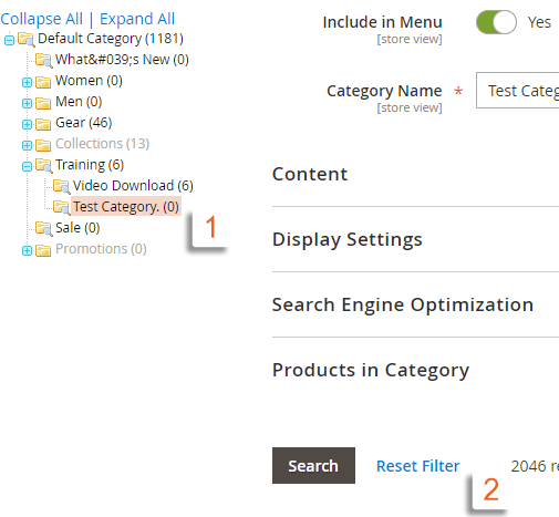 Products in Category tab with Reset Filter