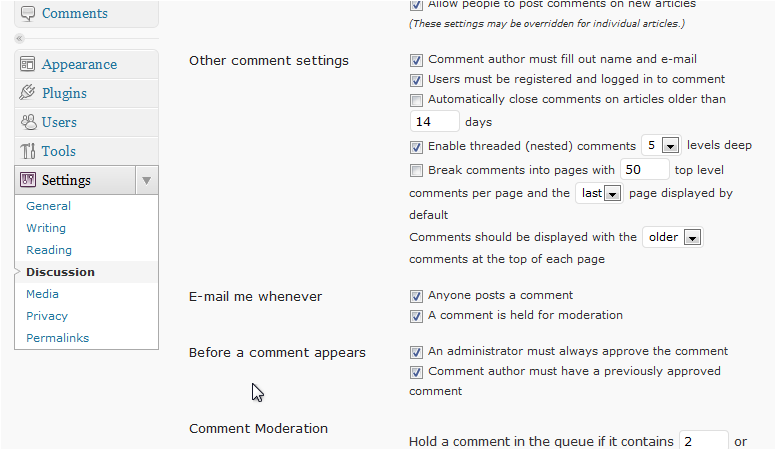 Media settings menu