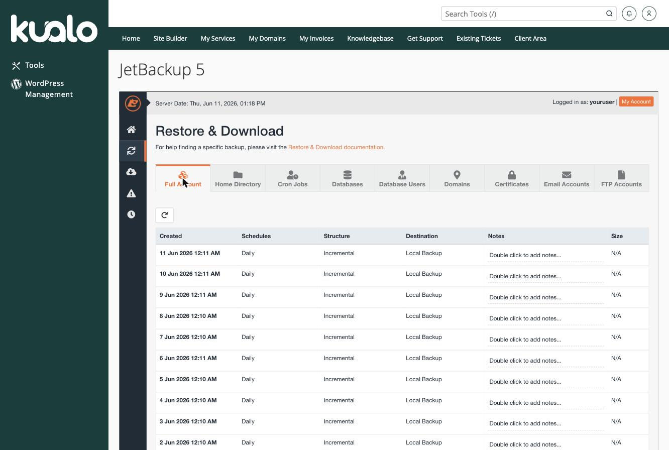 The Full Account tab in JetBackup, listing full account backups by date