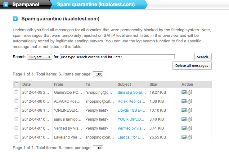 Spam quarantine view