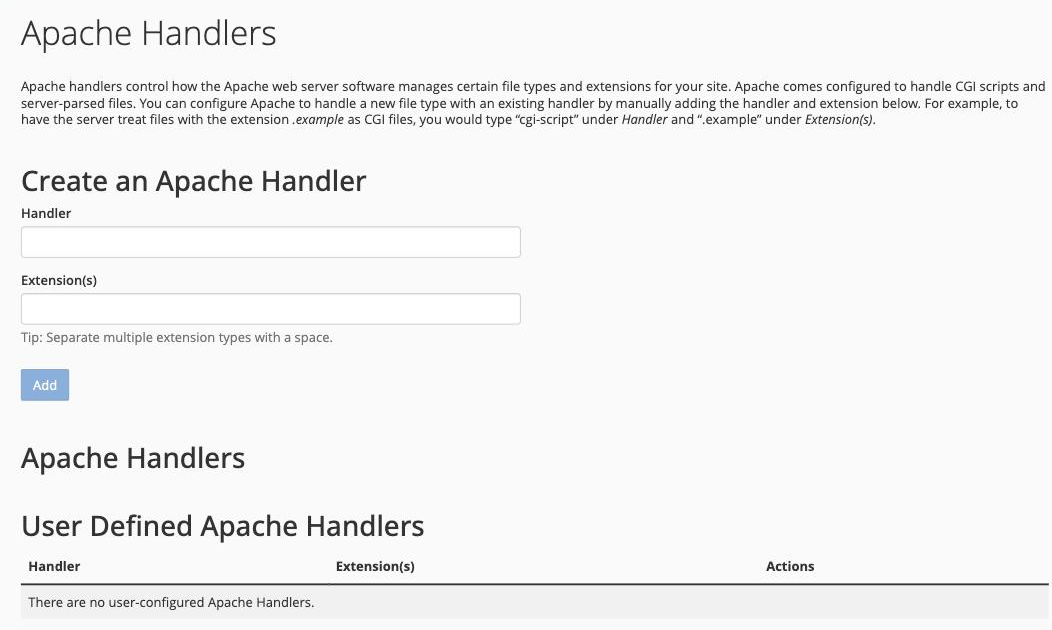 The Apache Handlers tool in cPanel