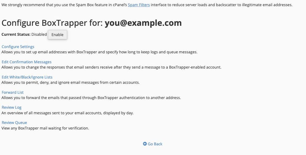 The BoxTrapper management screen for an email address