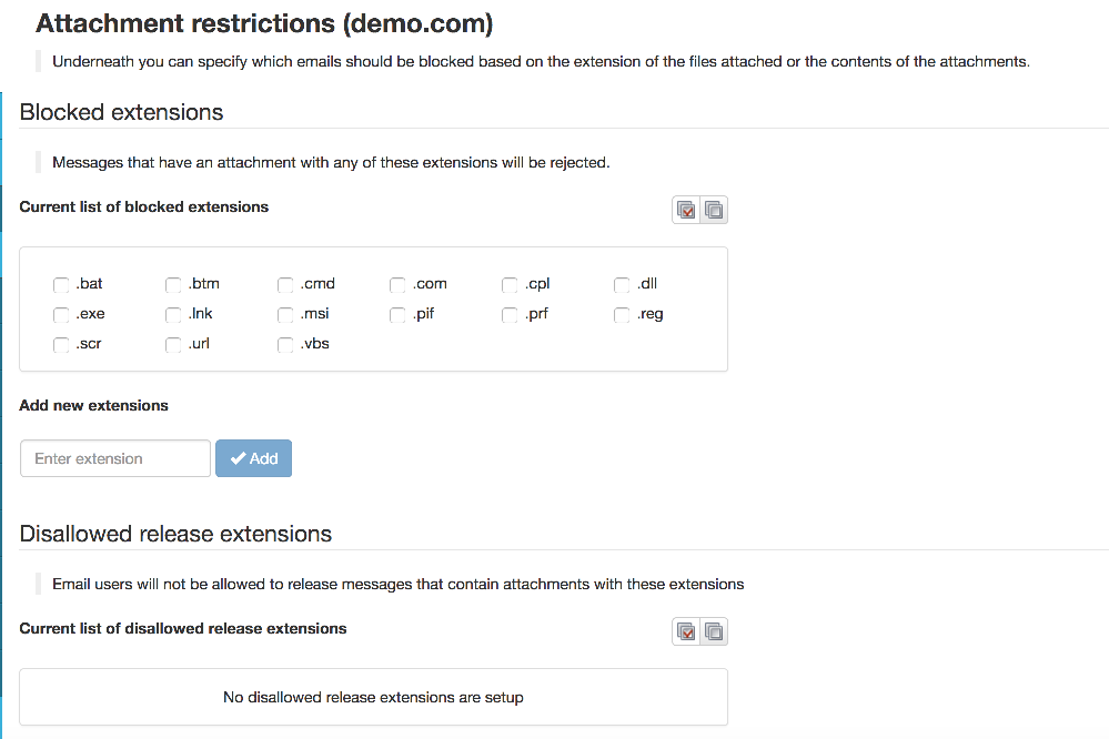 Blocked extensions screen