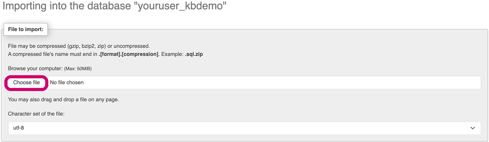 The phpMyAdmin Import tab, with the Choose File button highlighted under File to import