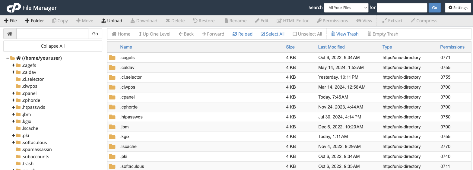 The cPanel File Manager interface