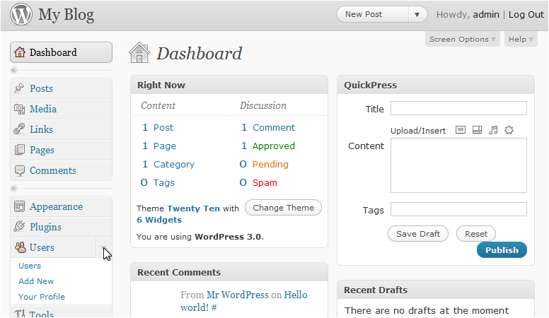 WordPress Users menu expanded