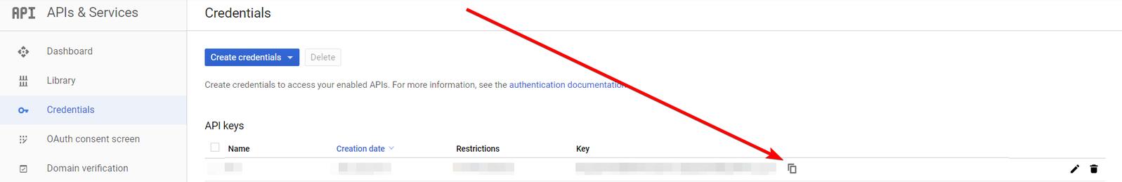 Google Cloud Credentials page showing a newly created API key