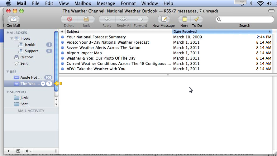 RSS feed visible in Apple Mail sidebar