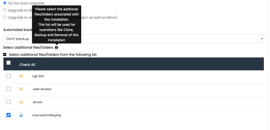 Additional files selection screen