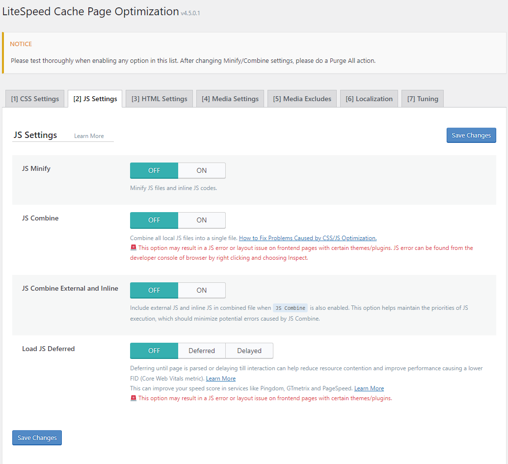JS settings tab