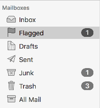 Mac Mail folder list showing unassigned Sent and Trash folders