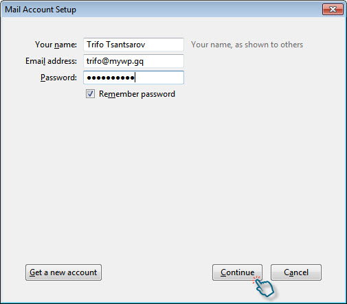 Mail Account Setup wizard showing name, email and password fields