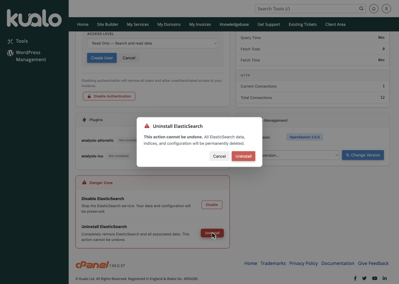 The Uninstall confirmation in the Danger Zone