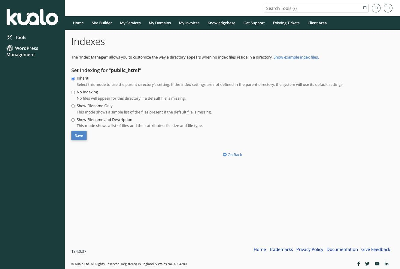 The four indexing options in the Index Manager