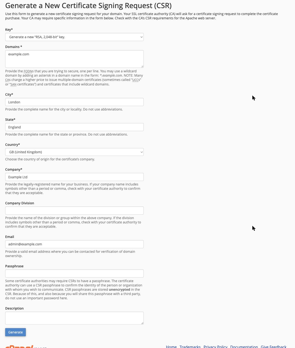 Generating a CSR on the Requests tab in cPanel