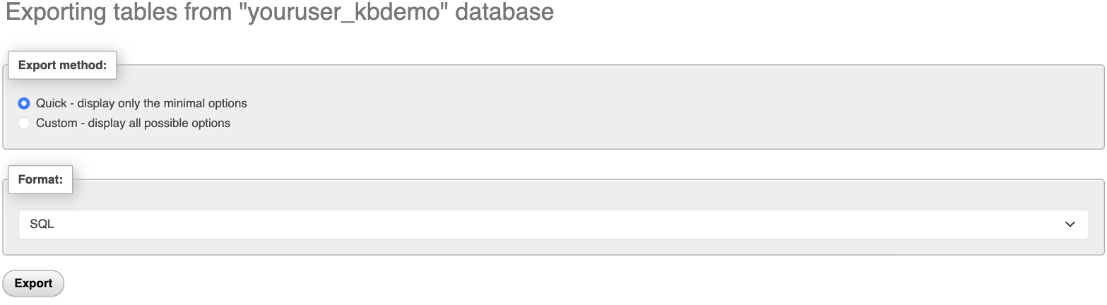 The database Export tab set to Quick export in SQL format
