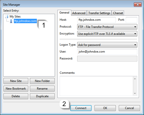 FileZilla Site Manager