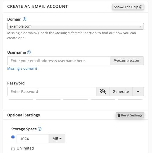 Creating a new email account in cPanel, with Optional Settings