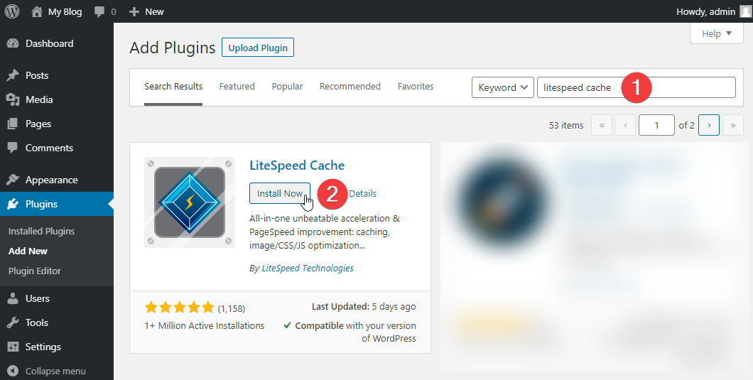 LiteSpeed Cache plugin search result