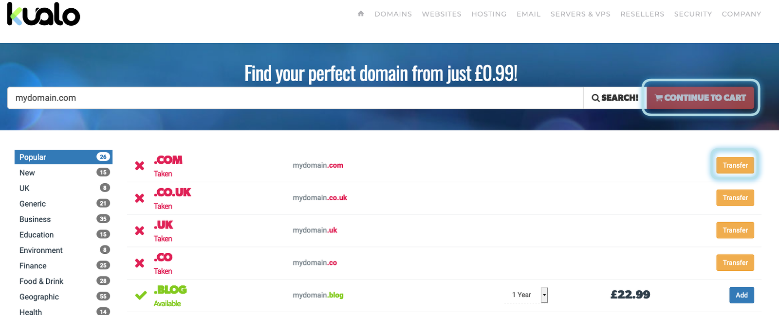 Transfer button on results page