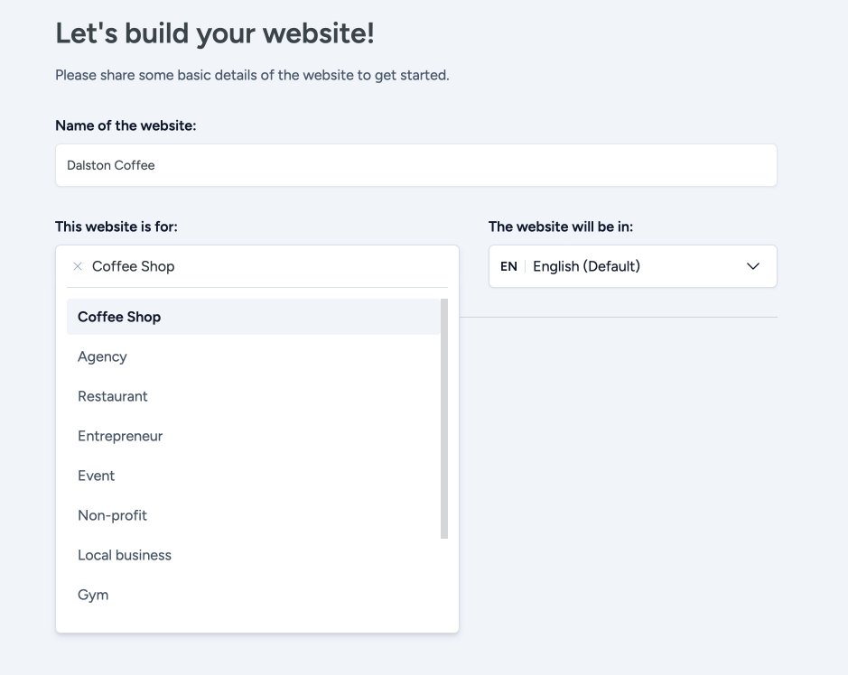 AI Starter Site - name and site type screen